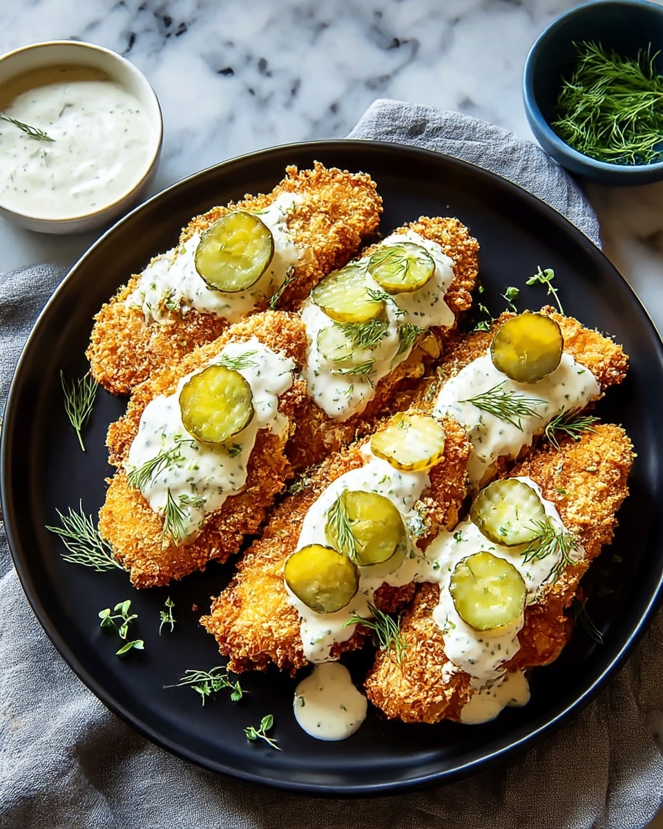 A black plate holds five pieces of golden brown, crispy breaded chicken. Each piece is topped with a white creamy sauce that has small green herb bits, and thin green pickle slices are placed on top of the sauce. The chicken pieces are arranged in a slightly overlapping way, with some sauce dripping onto the plate. Small sprigs of fresh green herbs are scattered over the chicken and the plate. The plate sits on a gray cloth on a white marbled surface, with a small white bowl of extra creamy sauce and a small blue bowl of fresh dill nearby. Photo taken with an iphone --ar 4:5 --v 7