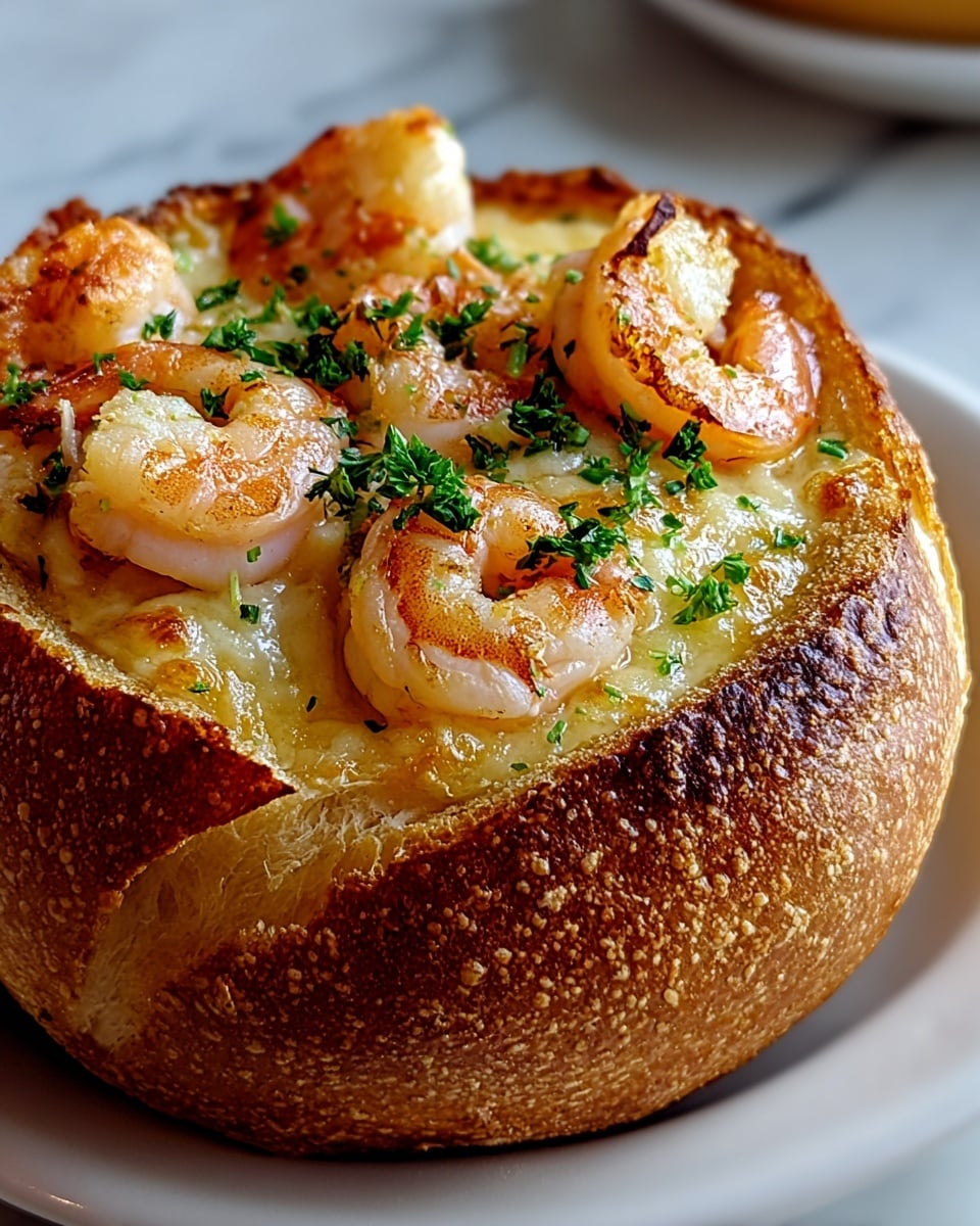 A round bread bowl with a golden brown, crispy crust holds a creamy, light yellow filling topped with several pink shrimp that have slight grill marks and a glossy texture. Small green parsley pieces are scattered on top of the shrimp and filling, adding contrast and freshness. The bread bowl is placed on a simple white plate which rests on a white marbled surface. The photo is close-up, showing rich textures and colors clearly. Photo taken with an iphone --ar 4:5 --v 7
