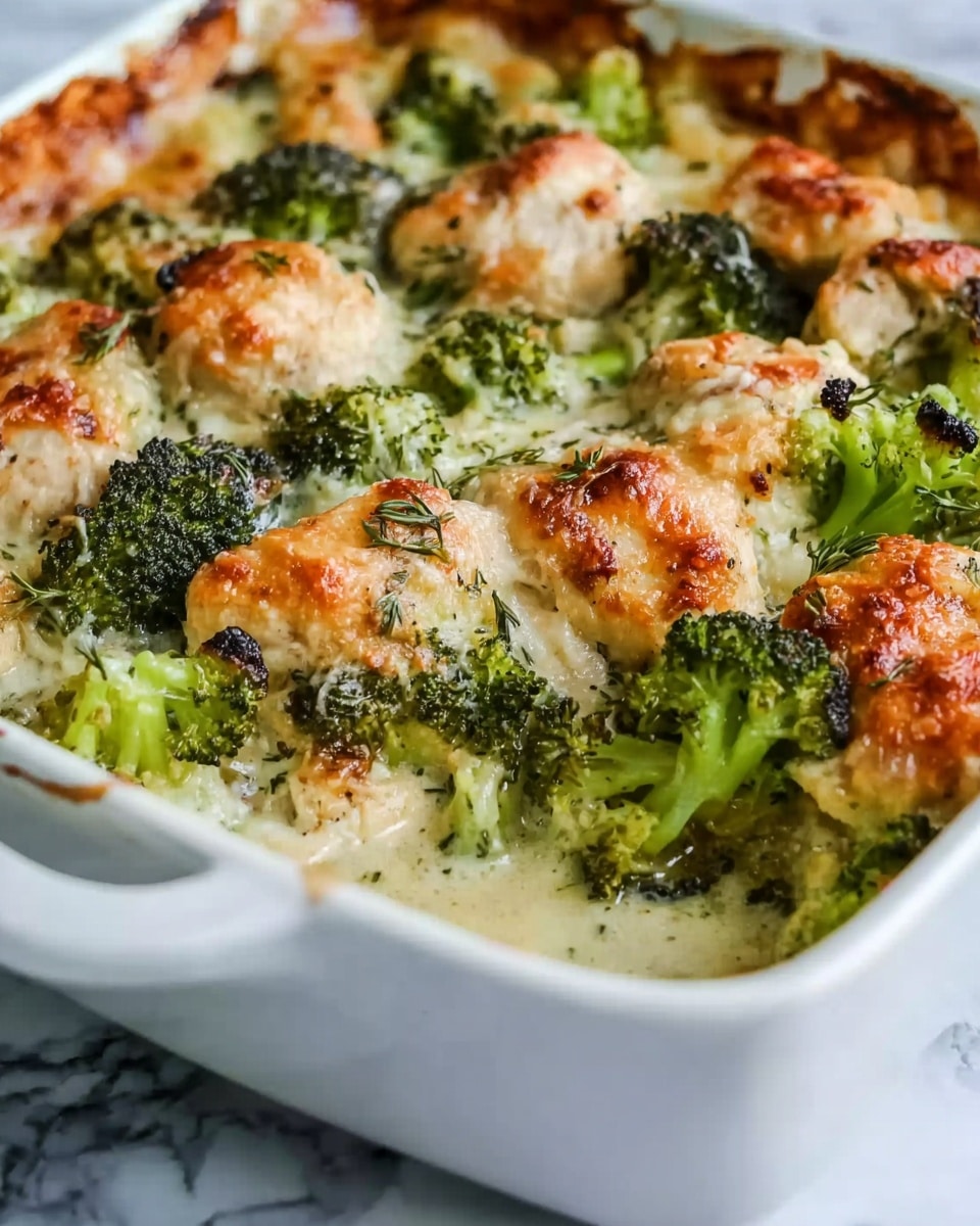 A close-up view of a white rectangular baking dish filled with baked chicken and broccoli. The dish has about three layers: the bottom layer is cooked green broccoli florets with some dark roasted tips, the middle layer is pieces of golden-browned chicken with a slightly crispy, melted cheese crust, and the top layer is scattered herbs and melted cheese that look slightly browned. The dish is on a white marbled surface. The edges of the baking dish show some browned, baked cheese spilling and crisping around the sides. photo taken with an iphone --ar 4:5 --v 7