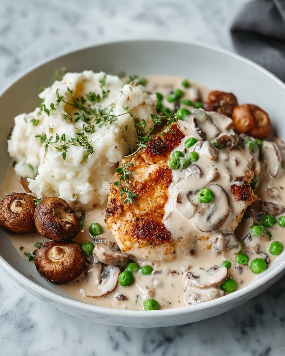 A white bowl on a white marbled surface holds a creamy dish with three main parts. On the left side, there is a portion of soft white mashed potatoes topped with small green herbs. To the right of the potatoes are golden-brown roasted mushrooms. The center features a grilled chicken breast with a crispy, browned crust, partially covered by a thick white creamy mushroom sauce garnished with bright green peas and small herbs. The dish shows texture contrasts from smooth sauce and mashed potatoes to the firm chicken and mushrooms. photo taken with an iphone --ar 4:5 --v 7