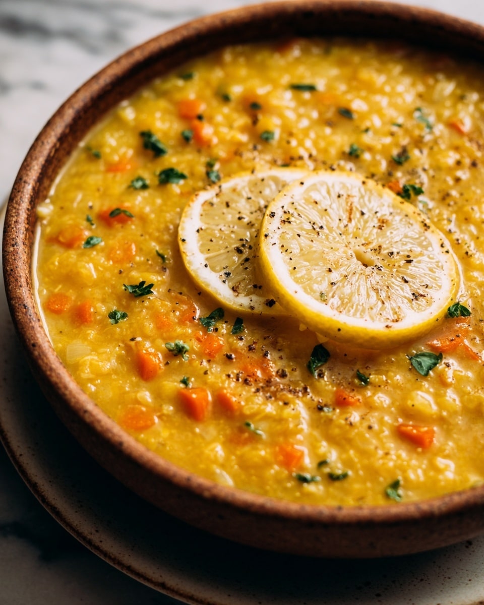 A bowl of thick yellow lentil soup with visible small chunks of orange carrot mixed throughout, garnished with two thin slices of lemon placed on top in the center. There are small bits of green herbs scattered over the surface along with a light sprinkling of ground black pepper. The soup is served in a rustic brown bowl, resting on a white plate, all set on a white marbled texture. The focus is close-up, showing the smooth and chunky textures of the soup clearly. photo taken with an iphone --ar 4:5 --v 7