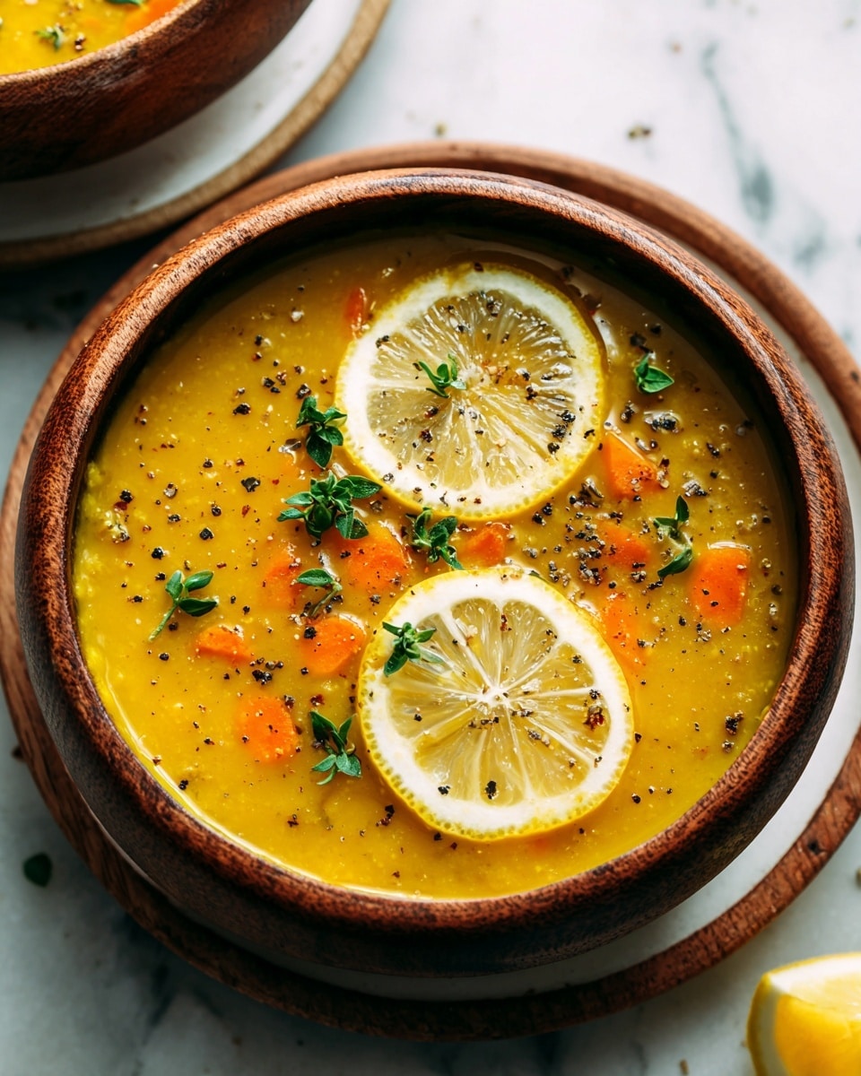 The image shows a thick yellow lentil soup with orange carrot pieces mixed inside, served in a rustic wooden bowl sitting on a white plate. On top of the soup are two thin lemon slices placed near the center, sprinkled with small green herb leaves and black pepper flakes scattered across the surface, adding texture and color contrast. The soup appears smooth with some chunkiness from the vegetables and lentils. The bowl rests on a white marbled texture surface. photo taken with an iphone --ar 4:5 --v 7