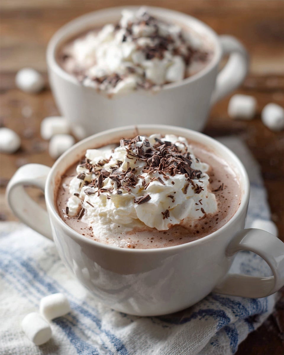 Two white cups filled with light brown hot chocolate are shown on a wooden table with a white and blue cloth on the side. Each cup has a thick, uneven layer of white whipped cream on top, sprinkled with dark brown chocolate shavings. A few small white marshmallows are scattered around the table near the cups. The focus is sharp on the front cup, while the back cup is softly blurred. Photo taken with an iphone --ar 4:5 --v 7