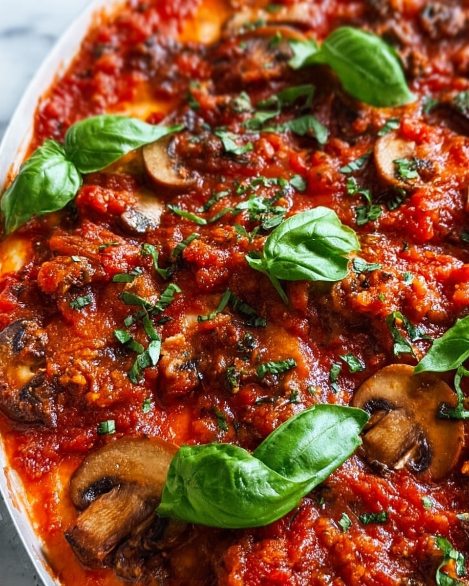 A close-up view of a dish with a rich red tomato sauce as the base layer, covering the entire surface. There are small pieces of browned meat and thin slices of cooked mushrooms scattered on top. Bright green fresh basil leaves are spread across the entire dish, adding a fresh contrast to the red sauce. The texture looks thick and chunky with visible herbs mixed in the sauce. The dish is set on a white marbled background. photo taken with an iphone --ar 4:5 --v 7
