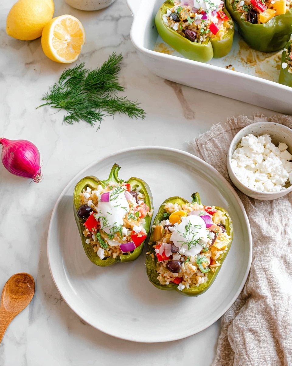The image shows two green bell pepper halves placed on a white plate, each filled with a colorful mixture of rice, diced red onions, small pieces of red and yellow bell peppers, chopped olives, and crumbled white cheese, topped with a dollop of creamy white sauce. The plate sits on a white marbled surface along with two lemon halves, a small bunch of fresh dill, a pink shallot, a small white bowl with a wooden spoon, and a beige cloth napkin. In the background, a white baking dish holds more stuffed green bell pepper halves. photo taken with an iphone --ar 4:5 --v 7