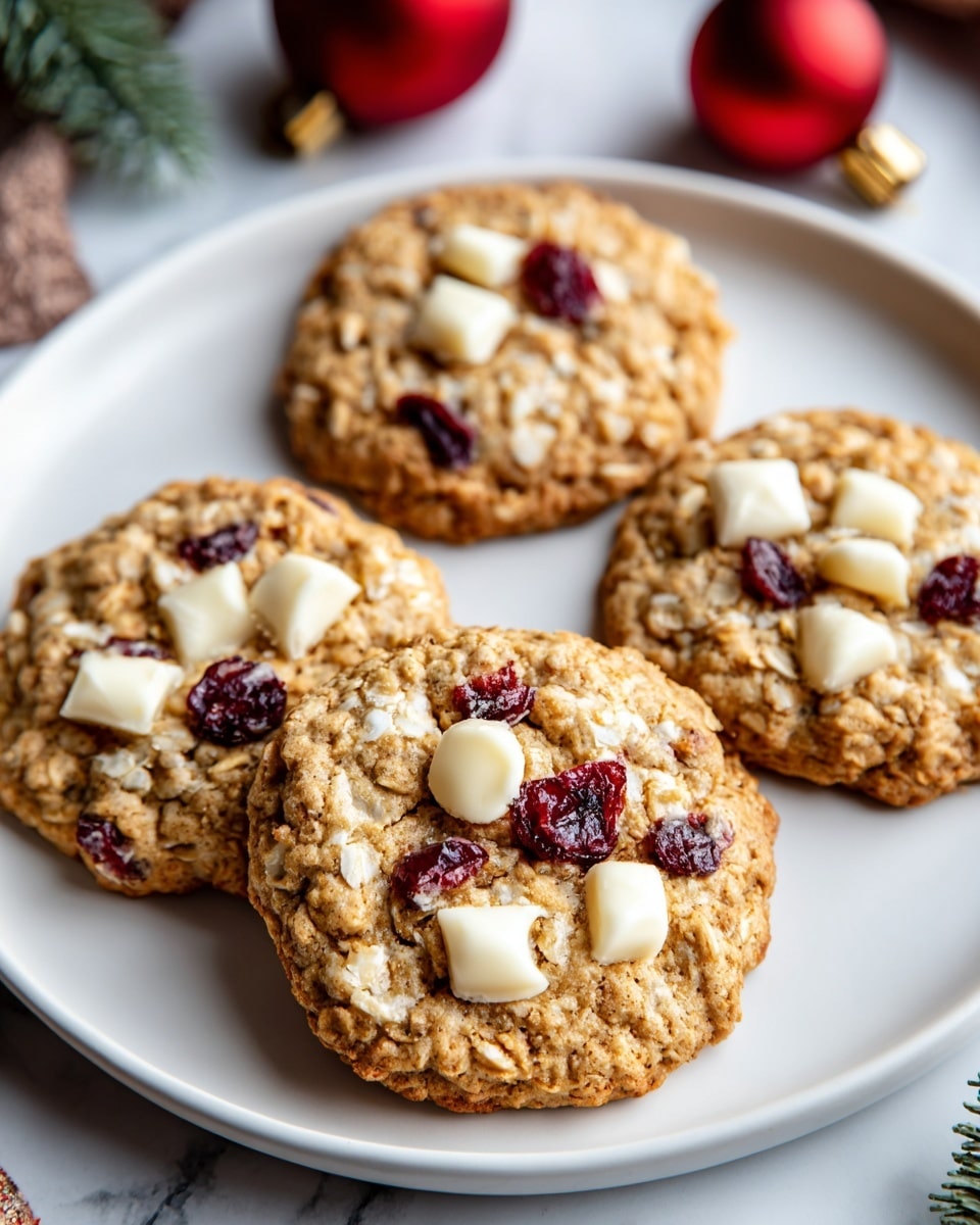 A white plate holds four oatmeal cookies, each with a rough, grainy texture and a light golden brown color. The cookies are round but irregular at the edges, with visible oat flakes mixed throughout their surface. Each cookie is topped with several pieces of white chocolate chunks, creamy and slightly melted, and scattered bright red dried cranberries that add a contrast in color and texture. The plate sits on a white marbled surface, with a festive red ornament and some greenery softly blurred in the background. Photo taken with an iphone --ar 4:5 --v 7