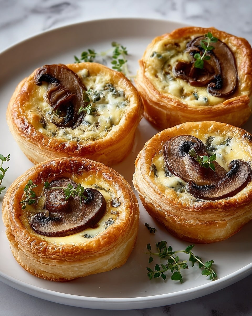 The image shows four small round puff pastry tarts placed on a white plate, set on a white marbled surface. Each tart has a golden-brown crispy crust that rises slightly at the edges, creating a thick border. Inside, there is a creamy, light yellow filling speckled with small bits of herbs. On top of the filling, there are two or three slices of cooked mushrooms, dark brown with a slightly glossy texture. Small green herb sprigs are scattered on and around the tarts on the plate, adding a fresh touch. The light highlights the flaky layers of the pastry and the moist texture of the mushrooms, giving the image a warm and inviting feel. Photo taken with an iphone --ar 4:5 --v 7