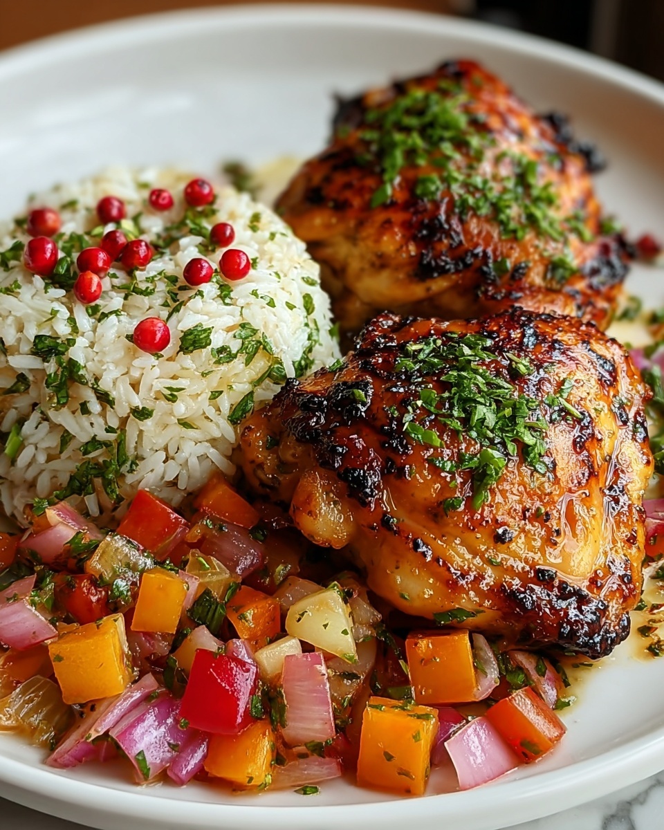 The dish shows two grilled chicken thighs with a golden brown and slightly charred surface, topped with green chopped herbs, on the right side of a white plate. At the front bottom of the chicken thighs, there is a colorful mix of cubed cooked vegetables including red and orange bell peppers, celery, and red onions, all glistening with seasoning and herbs. On the left side of the plate, there is a mound of white rice mixed with green herbs and scattered bright red peppercorns, creating a contrast in color and texture. The plate sits on a white marbled surface and the image has soft natural lighting highlighting the glossy and textured food. Photo taken with an iphone --ar 4:5 --v 7