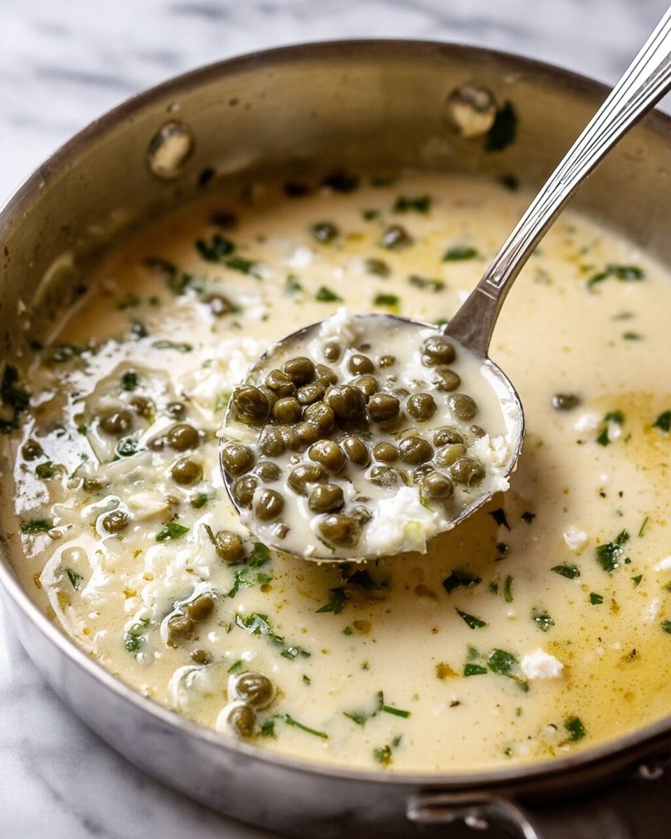 A shiny silver pan filled with a creamy light beige sauce mixed with small green capers and bits of chopped herbs scattered throughout. The sauce has a smooth texture with some small clumps and a glossy finish. A silver spoon rests in the pan, lifting a spoonful of the sauce showing the capers clustered on top, surrounded by the creamy light sauce. The pan is set on a white marbled surface. Photo taken with an iphone --ar 4:5 --v 7