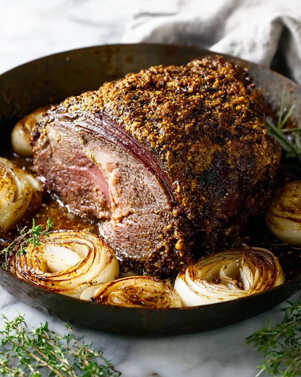 A large, browned roast sits in a dark pan, showing a textured crust made of crushed spices and herbs. The roast has marbled layers of dark brown outer meat with a tender inner section that appears pinkish and juicy. Around the roast, there are several pieces of cooked onion slices, showing layers of light golden brown and caramelized edges. The pan rests on a white marbled surface with sprigs of fresh green herbs nearby. Photo taken with an iphone --ar 4:5 --v 7