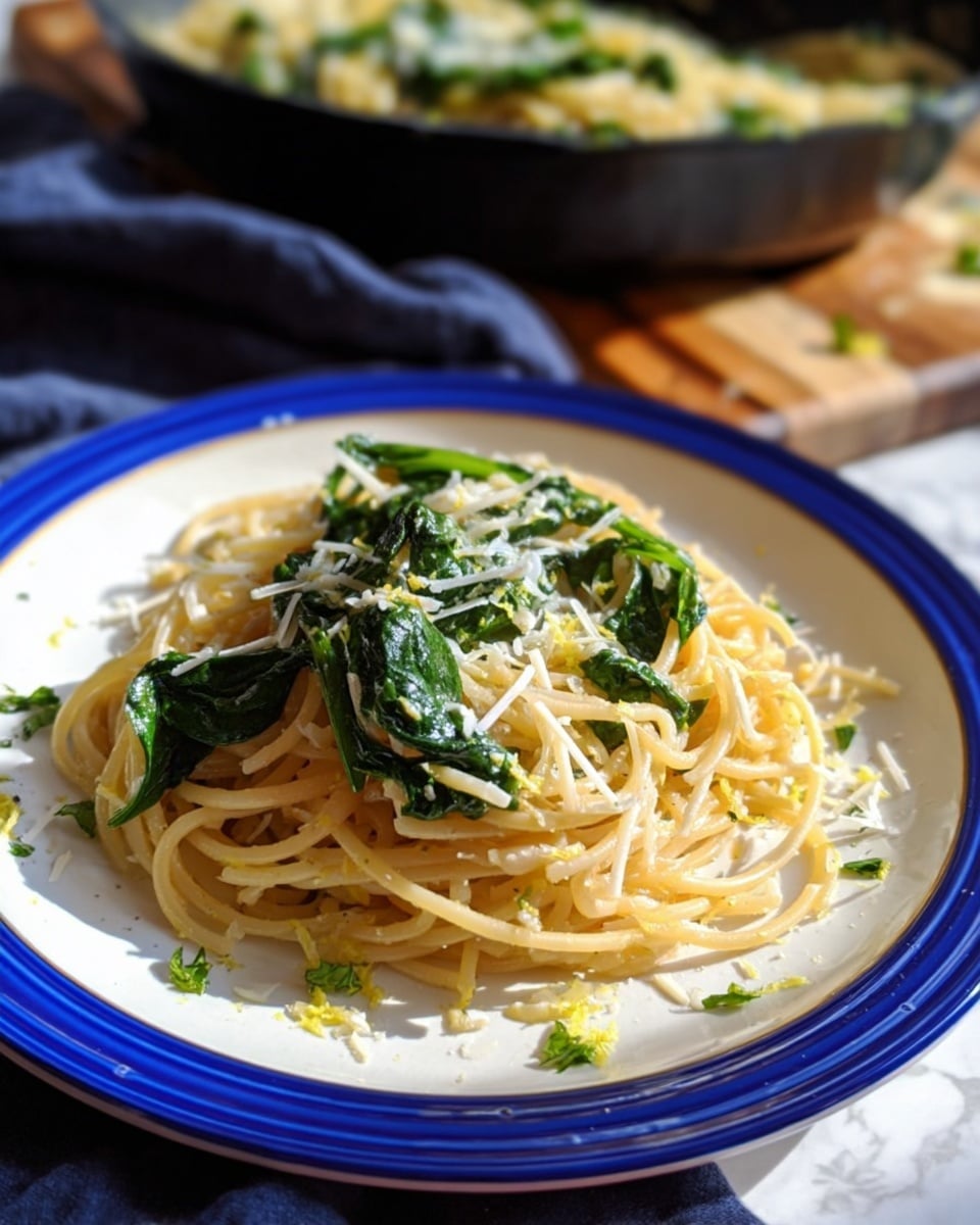 A white plate with a blue rim holds a serving of spaghetti pasta arranged in a loose circular mound. The pasta is light golden in color and slightly glossy from sauce. On top, there are several dark green spinach leaves, which look fresh and coated lightly with a creamy sauce. Shredded white cheese is sprinkled over the spinach and pasta, adding texture and contrast. Small bits of green herbs and lemon zest are scattered around the plate edges. In the background, a black skillet with more pasta and spinach sits on a wooden table with a dark blue cloth partially visible. The setting is bright and natural, on a white marbled surface. photo taken with an iphone --ar 4:5 --v 7