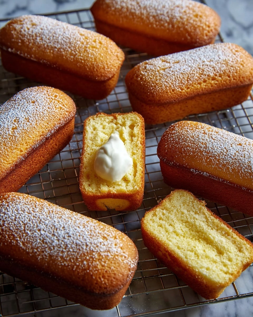 The image shows several golden-brown rectangular cakes with rounded edges arranged on a cooling rack on a white marbled surface. Each cake has a slightly textured surface and a light dusting of powdered sugar. One cake is cut in half in the center, revealing a soft, pale yellow inside with a smooth dollop of white cream in the middle. The cakes have a soft, porous texture and are evenly baked with a slight golden crust on the edges. photo taken with an iphone --ar 4:5 --v 7
