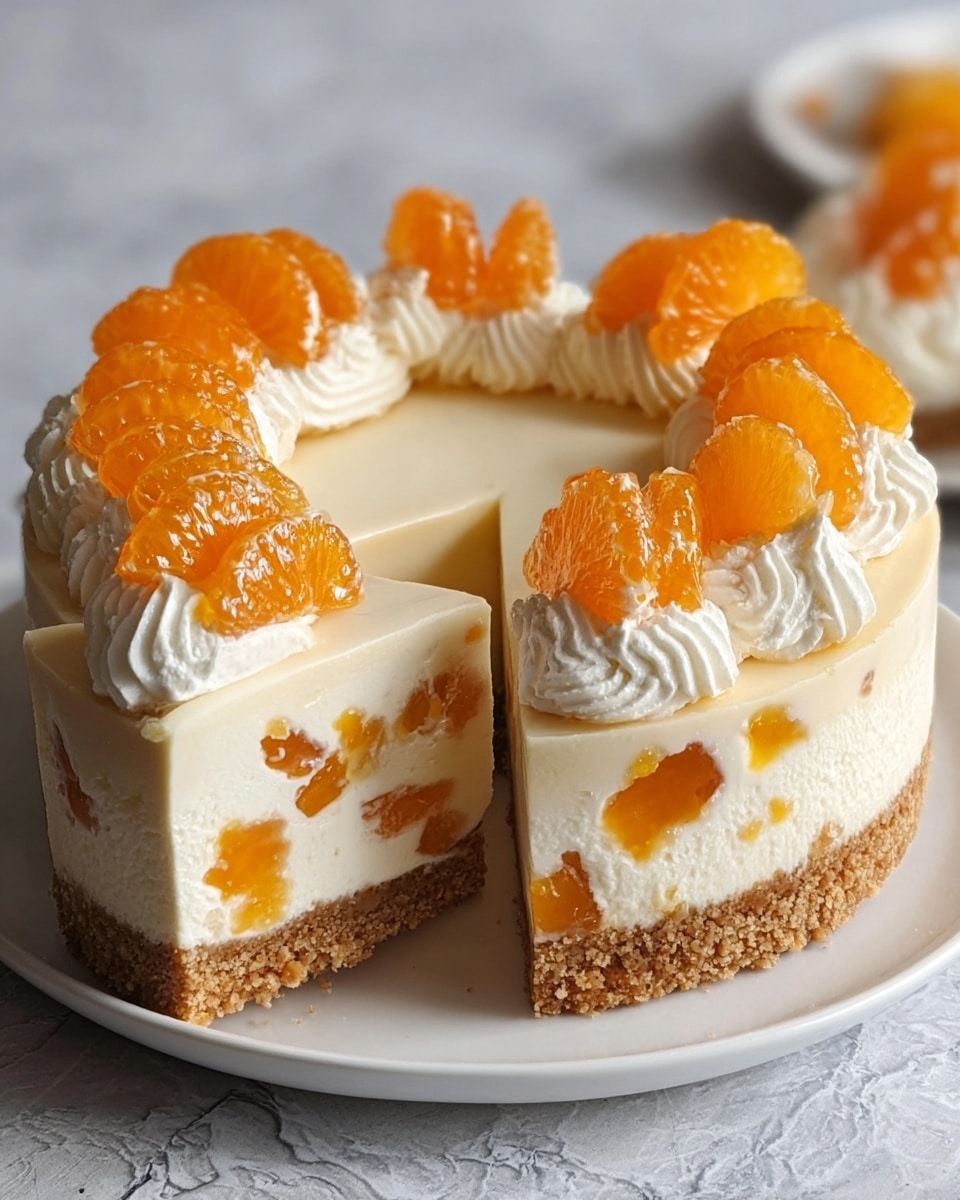 A round cheesecake with three distinct layers sits on a white plate placed on a white marbled texture. The bottom layer is a thick, crumbly, light brown crust. The middle layer is creamy white with embedded pieces of bright orange fruit that add contrast. The top layer is smooth and pale, decorated in a circle with dollops of fluffy white whipped cream, each topped with glossy orange citrus slices. A single slice is cut and slightly pulled out, showing the soft texture inside and the fruit pieces within. Photo taken with an iphone --ar 4:5 --v 7
