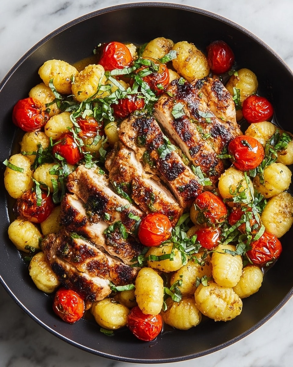 The dish shows a dark pan filled with several pieces of grilled chicken, each sliced into thick strips with golden brown char marks on top. Around the chicken, there are many small, yellow gnocchi that look soft and slightly seasoned, with a few bright red roasted cherry tomatoes scattered throughout. Fresh green herb leaves are sprinkled on the whole dish, adding a touch of color and freshness. The pan is placed on a white marbled surface. photo taken with an iphone --ar 4:5 --v 7