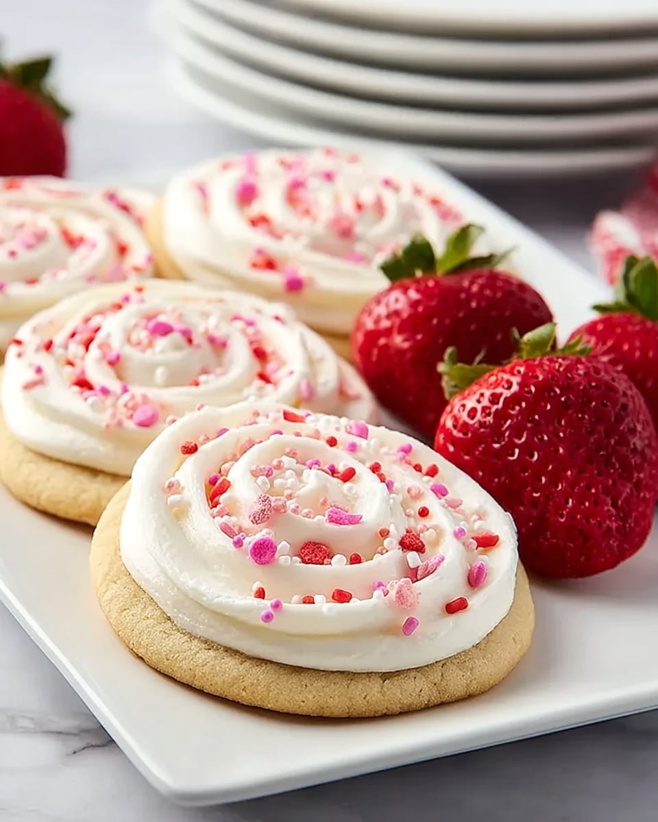 A white rectangular plate holds four sugar cookies arranged in a row on a white marbled surface. Each cookie has a thick, light golden-brown base with a smooth, white frosting piped in a spiral pattern on top. The frosting is decorated with small pink, red, and white round and stick sprinkles scattered evenly. On the right side of the plate, there are two large, fresh, bright red strawberries with green leafy tops, adding a pop of color. In the background, there is a stack of white plates slightly blurred. photo taken with an iphone --ar 4:5 --v 7