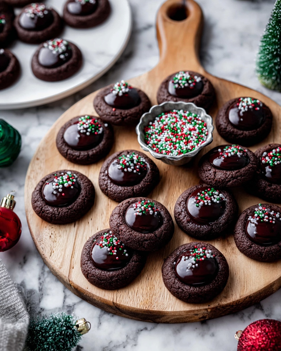 A group of dark chocolate thumbprint cookies is arranged on a white round wooden board with a handle. Each cookie has two layers: a round dark brown base with a smooth, glossy black chocolate center that has tiny red, green, and white round sprinkles scattered on top. At the center top of the board is a small scalloped metal bowl filled with the same colored sprinkles. In the top left corner, part of a white plate holds more cookies with the same design. Around the board are Christmas ornaments and a small green tree, all on a white marbled texture background. Photo taken with an iphone --ar 4:5 --v 7
