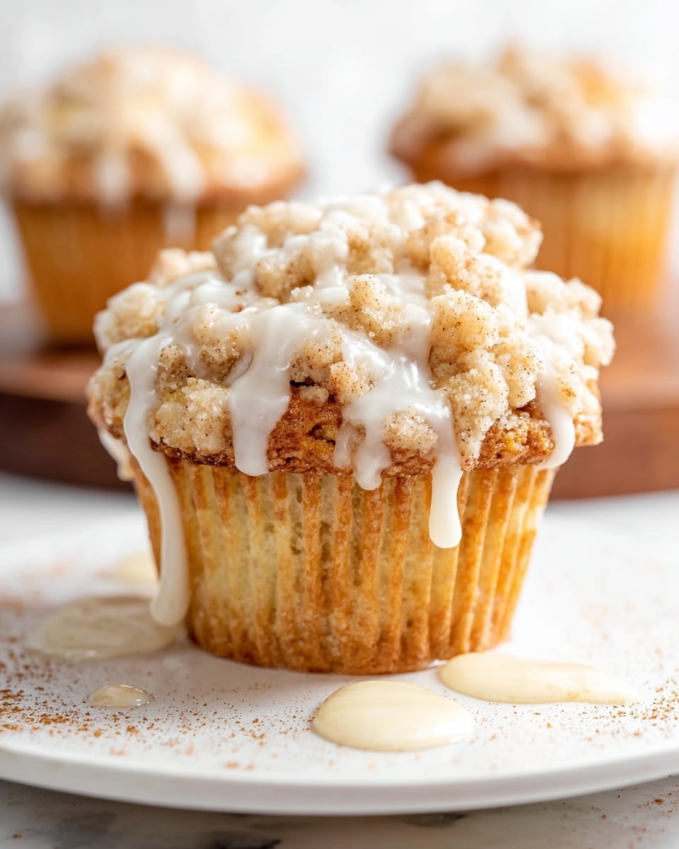 The image shows a close-up view of a muffin with three main layers: the base is a golden-brown, soft-looking muffin, the middle layer is light and fluffy inside the muffin wrapper, and the top layer is a crumbly, light tan streusel with a rough texture. White icing drips down from the top over the streusel, creating a glossy texture contrast. The muffin sits on a white plate with a few drops of icing and a sprinkle of cinnamon on a white marbled surface, with two slightly blurred muffins visible in the background. photo taken with an iphone --ar 4:5 --v 7