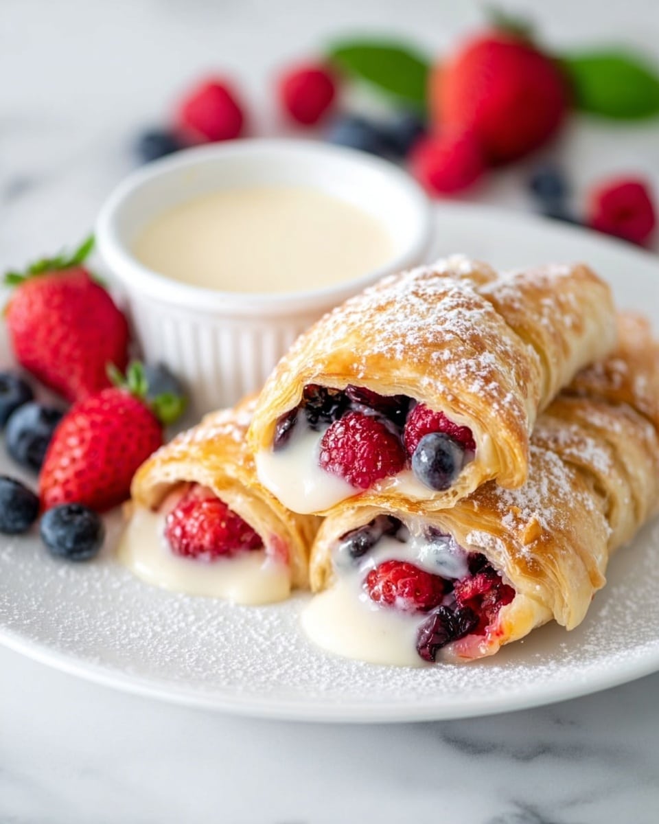 A white plate holds a golden brown pastry cut into three pieces, each showing the inside filled with layers of fresh red raspberries and deep blue blueberries mixed with creamy white sauce. The pastry is glossy and flaky with a light dusting of white powdered sugar on top. To the side of the pastry sits a small white bowl filled with a smooth cream sauce. The background is a white marbled texture with scattered fresh berries and a green leaf softly blurred. photo taken with an iphone --ar 4:5 --v 7