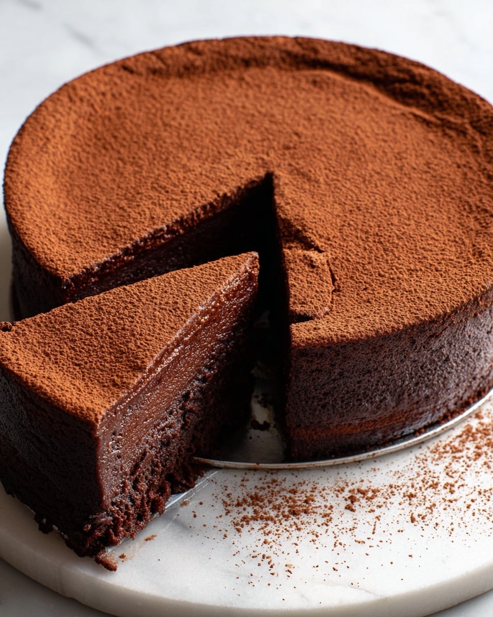 A rich, dense chocolate cake with one slice cut out is shown on a white marble surface. The cake has a smooth, dark brown outer layer with a slightly textured top dusted evenly with cocoa powder. The cut slice reveals two thick layers: a moist, fudgy chocolate cake base and a slightly softer, glossy chocolate layer on top. The edges are clean and the cake sits on a metal tray that rests on the white marble surface. Photo taken with an iphone --ar 4:5 --v 7