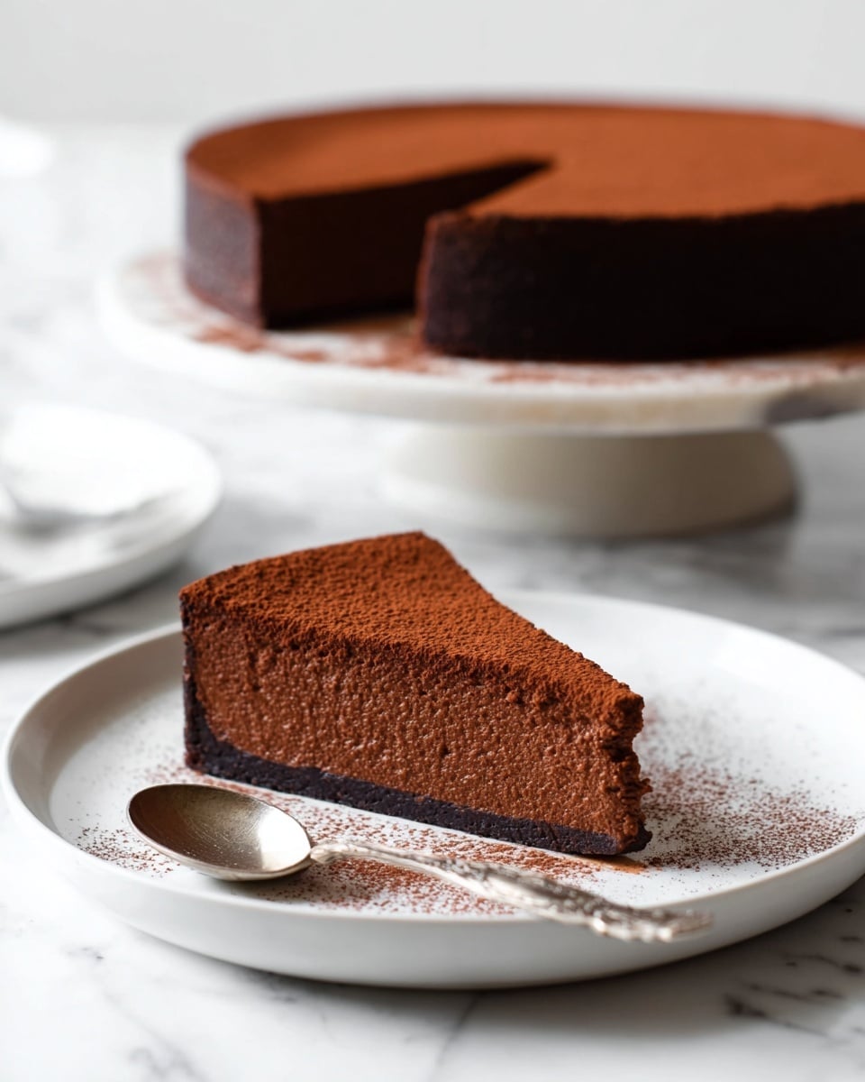 The image shows a single slice of rich, dark brown chocolate cake on a white plate with a silver spoon beside it. The cake slice has two layers: a dense, smooth, slightly crumbly chocolate base and a fine layer of cocoa powder dusted evenly on top. In the background, the rest of the round chocolate cake is visible, also covered in cocoa powder, sitting on a white marble cake stand. The setting is on a white marbled surface, giving a clean, bright look to the scene. photo taken with an iphone --ar 4:5 --v 7
