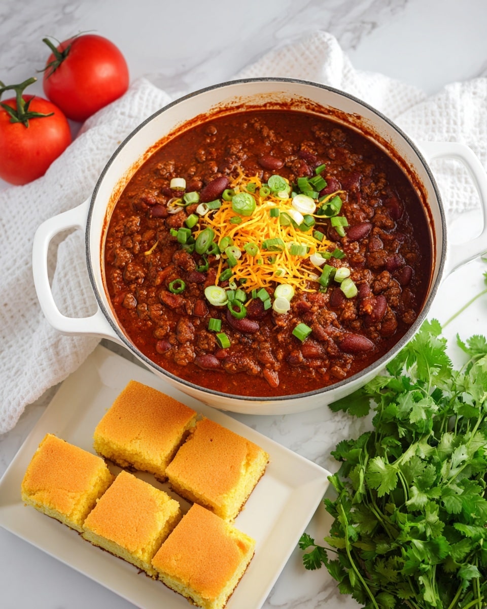 A large white pot with two handles is filled with thick chili that has a deep red-brown color and visible chunks of ground meat and beans. On top of the chili, there is a heap of bright orange shredded cheese and small slices of fresh green onions mixed with chopped cilantro, adding a pop of color. Nearby, a white rectangular plate holds six square pieces of golden-yellow cornbread with a slightly browned top crust. The pot and plate sit on a white marbled surface with a white cloth and a bunch of fresh green cilantro next to the pot, while two ripe red tomatoes are placed in the background. Photo taken with an iphone --ar 4:5 --v 7