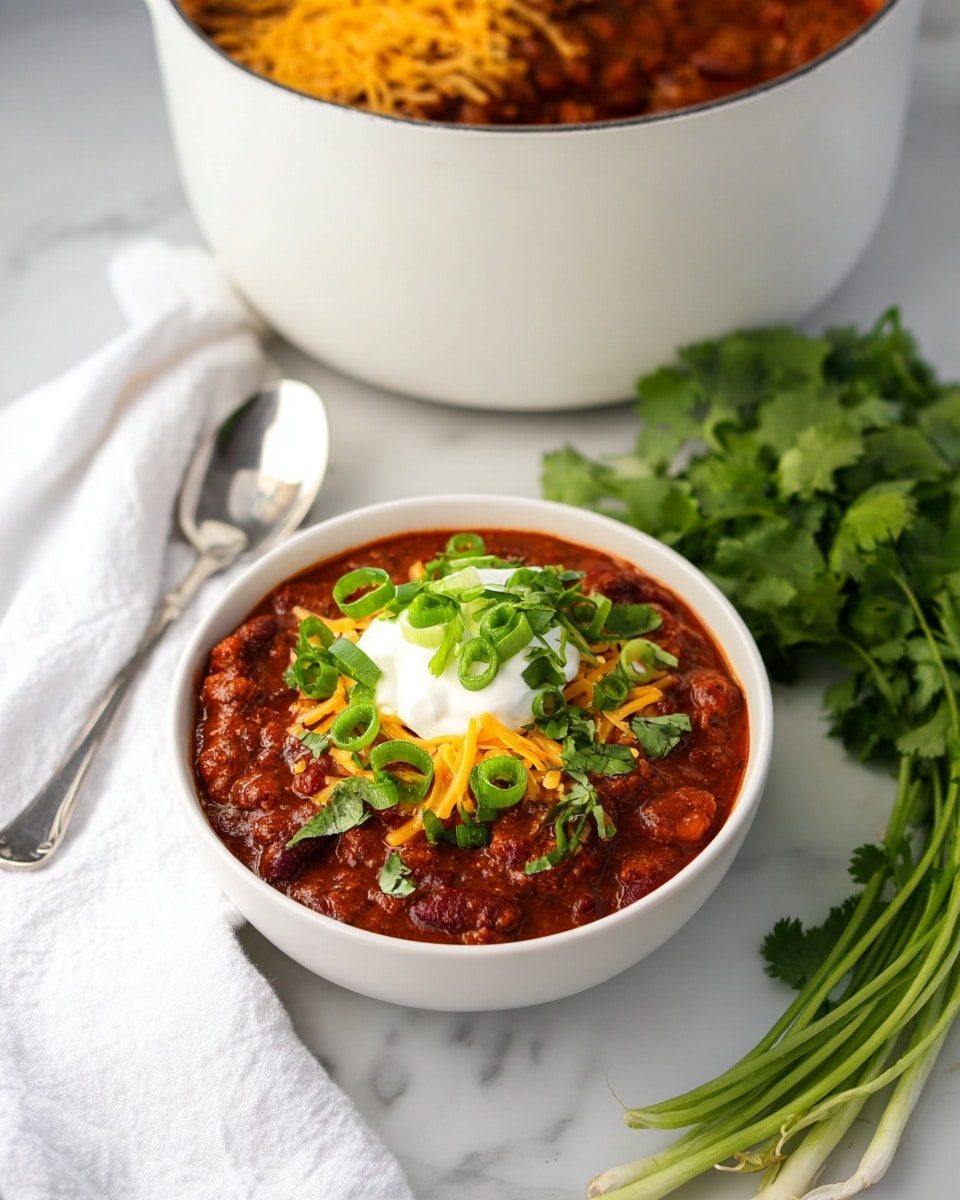 A white bowl filled with three layers of chili: the bottom layer is thick, rich dark red chili with visible beans and chunks of meat, the middle layer is bright yellow shredded cheese, and the top layer is a dollop of white sour cream garnished with bright green chopped scallions and fresh cilantro leaves. Behind it, a white pot with more chili is seen, topped with shredded cheese and green scallions. To the right, a bunch of fresh cilantro and green onions rests on a white marbled surface next to a silver spoon placed beside the bowl. A white cloth is partly visible to the left. Photo taken with an iphone --ar 4:5 --v 7