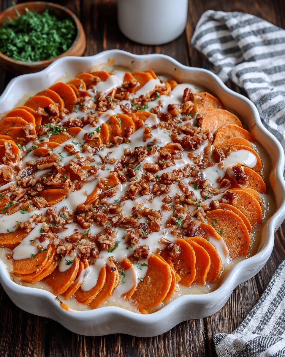 A round white scalloped ceramic dish holds a baked sweet potato casserole with three visible layers. The base layer is a creamy, light tan filling that peeks out from under the next layer of evenly sliced, bright orange sweet potatoes arranged in circular overlapping rows that reach the dish's edge. The top layer is drizzled with a smooth white sauce, and scattered unevenly are small crunchy brown bits, likely streusel or pecan crumbs, with tiny green parsley pieces sprinkled on top. The dish is set on a dark wood surface with a white marbled texture faintly visible, and there's a striped cloth napkin partly seen on the right side. Photo taken with an iphone --ar 4:5 --v 7