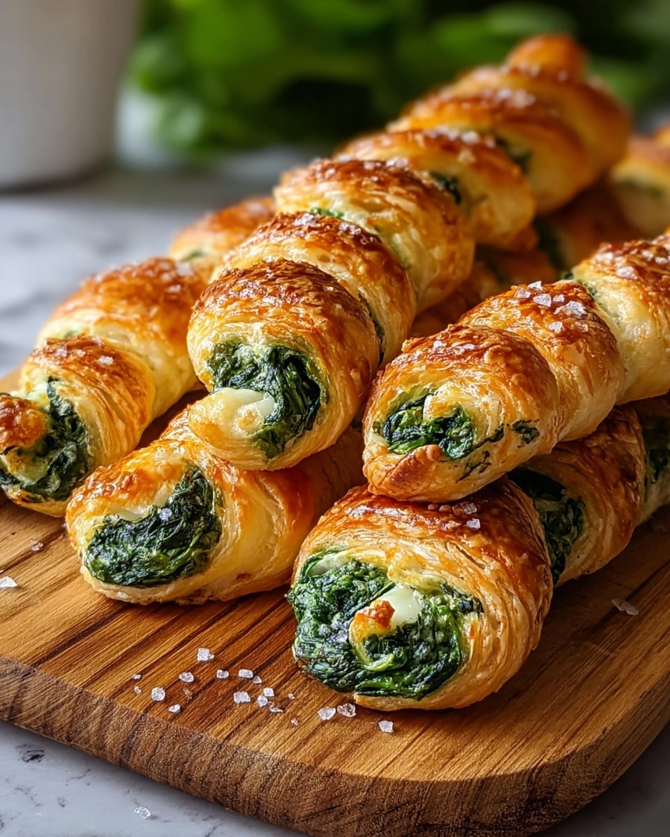 The image shows six golden-brown puff pastry twists filled with a green spinach and white cheese mixture. Each twist has a flaky, shiny crust with a crispy texture and layers of dough twisted to reveal the filling inside. The filling layers are visible in a deep green color from the spinach combined with the creamy white cheese. The twists are arranged on a wooden board with visible wood grain texture, and the close-up view highlights the crunchy texture and flaky layers of the pastry. Small granules of salt or seasoning are sprinkled on top, adding to the visual appeal. The background is blurred but shows a white marbled surface and some green leaves in the distance. photo taken with an iphone --ar 4:5 --v 7