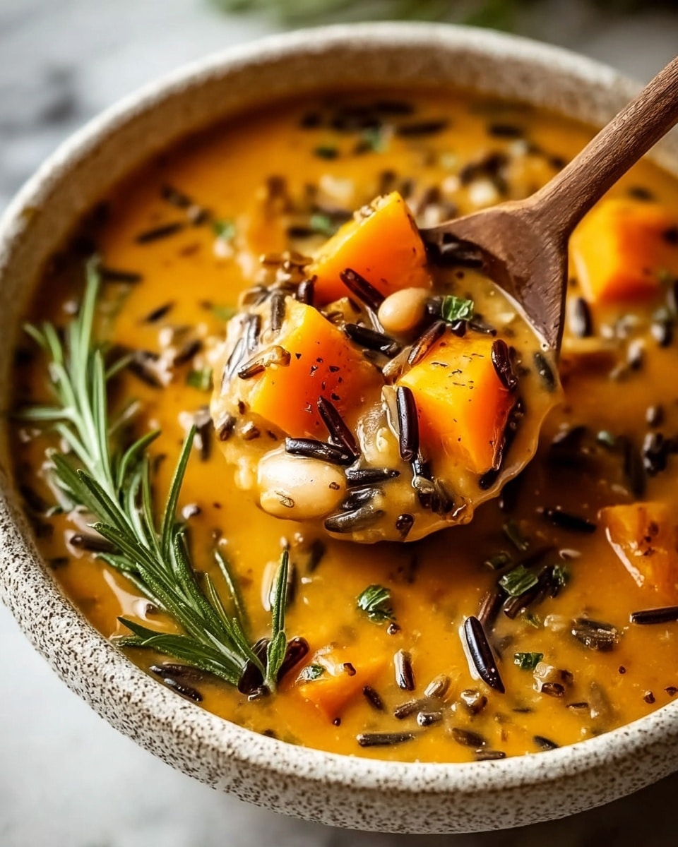 The image shows a close-up of a bowl of thick soup with a warm orange color. The soup has visible pieces of bright orange squash or pumpkin chunks and long black wild rice grains scattered throughout. There are also some white beans mixed in. A wooden spoon is partially submerged in the soup, holding a scoop with pieces of squash, rice, and beans. On the side of the bowl, there is a small sprig of fresh green rosemary resting on the soup's surface. The bowl is a white textured ceramic and the background is a white marbled surface. Photo taken with an iphone --ar 4:5 --v 7