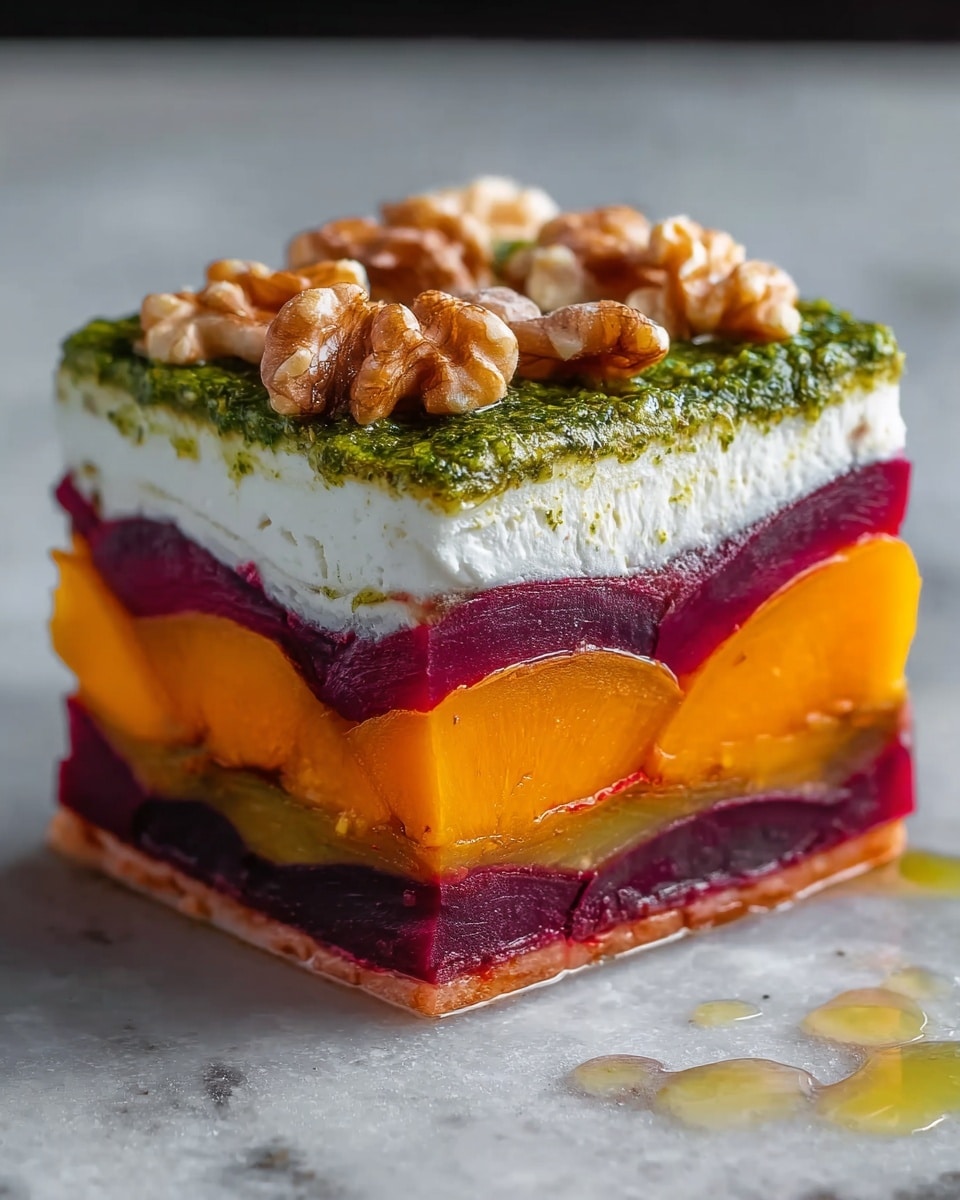 The dish is a layered square stack with four distinct layers. The bottom layer is thin and reddish-brown with a slightly crisp texture. Above it is a thick layer of bright orange slices, smooth and soft-looking. The third layer consists of deep purple slices, smooth and glossy. On top of this is a thick, white, creamy layer with a soft texture. The topmost layer is a thin spread of green pesto, which looks slightly oily and speckled. Whole walnut halves are scattered on top of the pesto layer. The dish is placed on a white marbled surface with some oil drips around it. photo taken with an iphone --ar 4:5 --v 7