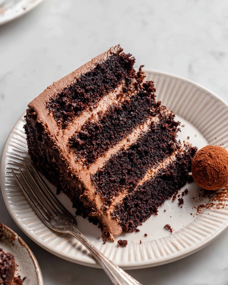 A white plate with ridged edges holds a slice of three-layer dark chocolate cake, each layer separated by smooth, light brown chocolate frosting. The cake’s texture looks moist and rich, with an even spread of the creamy frosting between each thick cake layer. A small round chocolate truffle dusted with cocoa powder is placed next to the slice on the plate. A fork with a piece of cake is resting on the left side of the plate, with some chocolate crumbs and smears of frosting around it. The background is a white marbled texture. Photo taken with an iphone --ar 4:5 --v 7