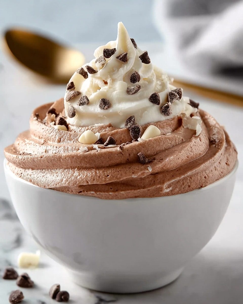 A white bowl filled with a fluffy swirl of light brown chocolate mousse topped with a smaller swirl of creamy white mousse in the center. The top swirl is sprinkled with small dark chocolate chips and white chocolate chunks. The mousse has a smooth, airy texture with the chocolate mousse slightly spilling over the bowl edges. The bowl sits on a white marbled surface with a blurred background and a golden spoon partially visible behind it. Photo taken with an iphone --ar 4:5 --v 7