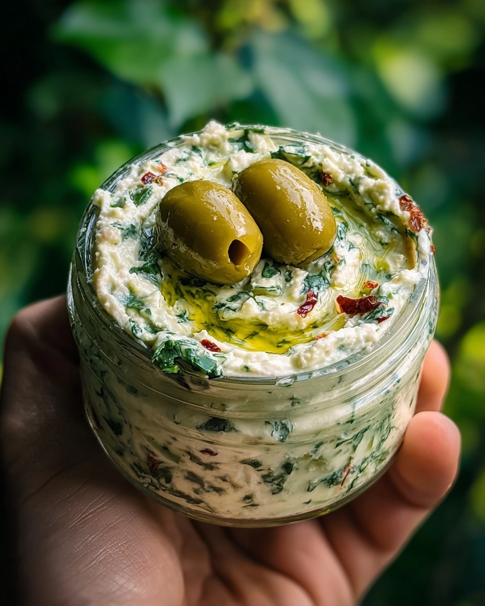 A small clear glass jar is filled with one thick layer of a creamy white spread mixed with green herbs and small red bits, giving it a textured look. The surface is uneven with swirls and topped with a thin layer of shiny olive oil that pools gently in the center. Two large green olives with smooth, shiny skins sit on top, adding contrast. The jar is held by a woman's hand against a blurred green leafy background. photo taken with an iphone --ar 4:5 --v 7