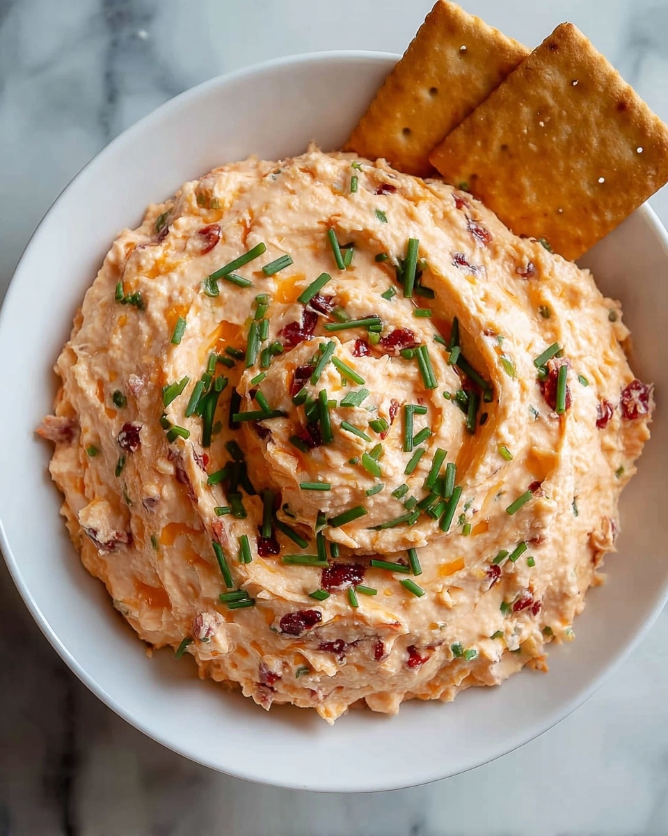 A white bowl filled with a creamy, light orange spread that has visible red bits and green chive pieces mixed throughout and scattered on top in a spiral shape. The texture is smooth but with chunky bits of the ingredients. Two square crackers with a golden brown color rest on the right side of the bowl. The bowl sits on a white marbled surface. photo taken with an iphone --ar 4:5 --v 7