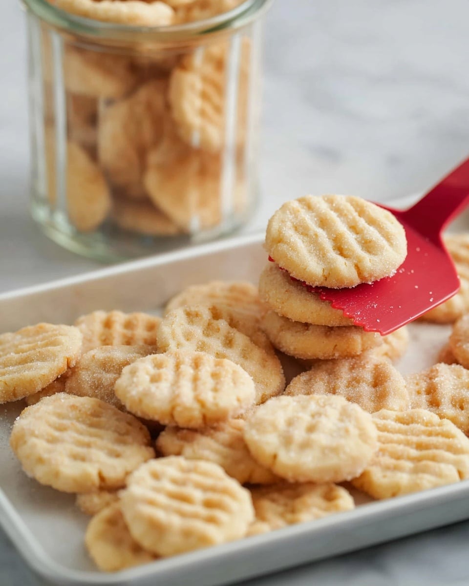 The image shows many small, round cookies with a light golden color and a sugar coating, placed on a white baking tray. The cookies have a crisscross or waffle-like pattern on top, adding texture to their surface. A red spatula is lifting a small stack of these cookies from the tray. In the background, more cookies are visible inside a clear glass container, arranged vertically. The whole setup is on a white marbled surface, giving a clean and bright look. photo taken with an iphone --ar 4:5 --v 7