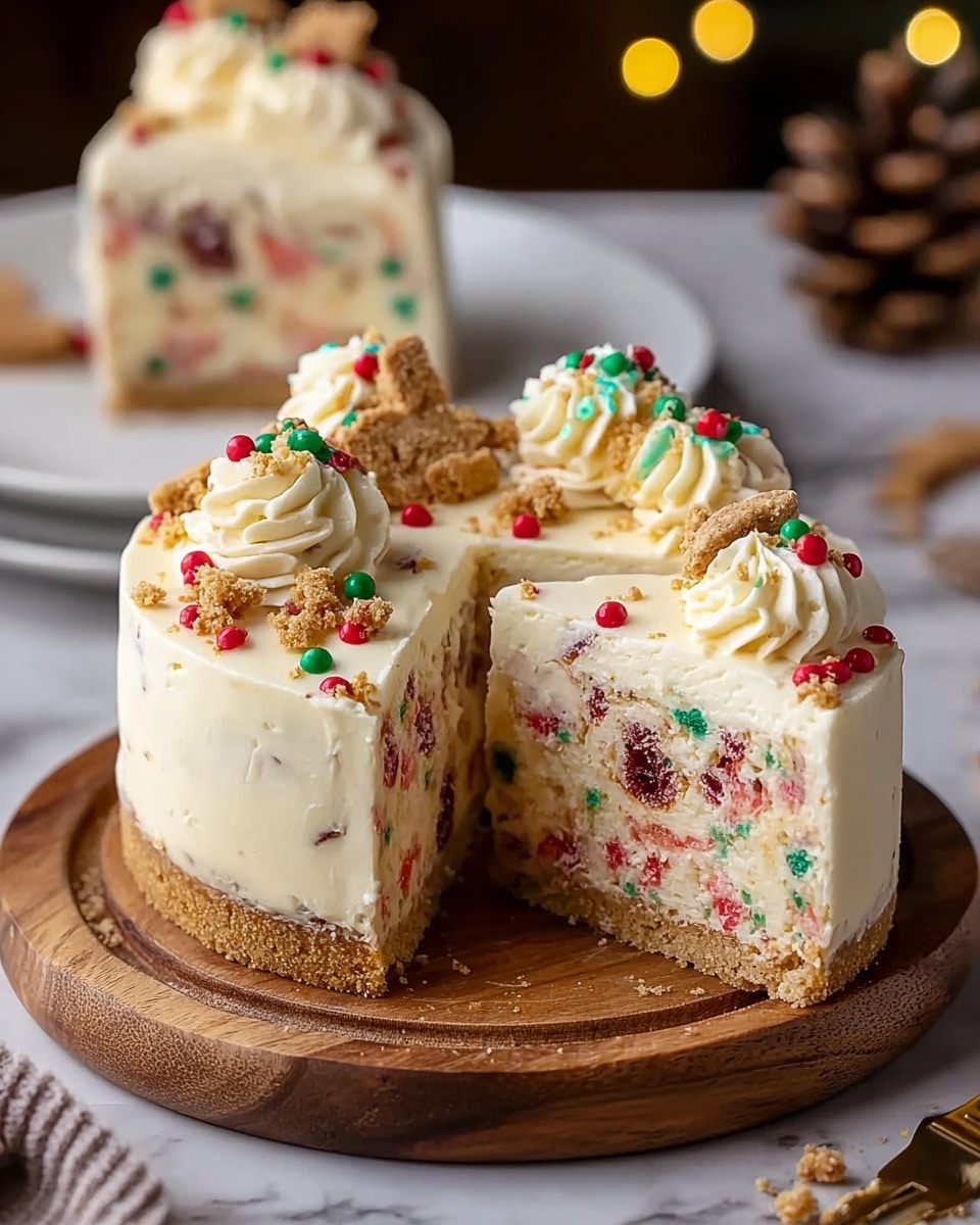 The image shows a small round cake on a wooden board, with one thick slice removed to reveal its inside. The cake has three layers: the bottom is a golden brown crumb crust, the middle is a thick, light yellow cake with red and green bits mixed in, and the top layer is creamy white frosting that is smooth and thick. On top of the cake, there are small swirls of frosting, and the surface is decorated with red and green round sprinkles and crumbled brown cookie pieces. The background shows a blurred white plate with another similar cake on a white marbled texture surface, warm soft lights in the distance, and a pine cone to the side. Photo taken with an iphone --ar 4:5 --v 7
