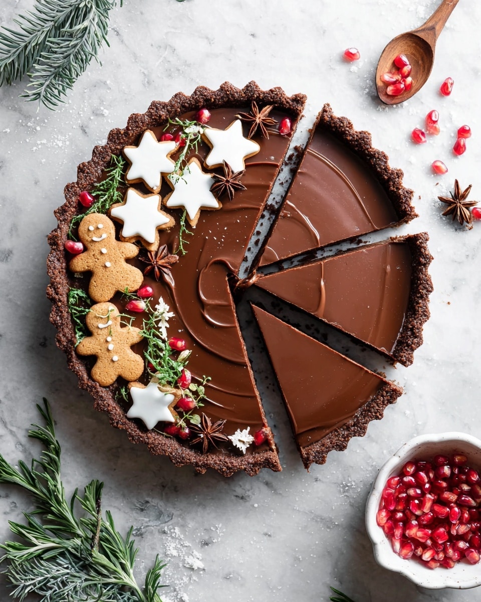 A round chocolate tart with a dark brown crumbly crust forms the base, filled with a smooth, glossy, milk chocolate layer that has subtle swirl textures on top. Three slices have been cut out from the right side, showing the rich filling inside. The upper left side of the tart is decorated with white star-shaped cookies, small gingerbread men with white icing details, fresh green rosemary sprigs, bright red pomegranate seeds, and whole star anise, all arranged in a crescent shape. The tart sits on a white marbled textured surface with a white bowl filled with more pomegranate seeds and a wooden spoon on the bottom right, and fresh rosemary sprigs on the bottom left. photo taken with an iphone --ar 4:5 --v 7
