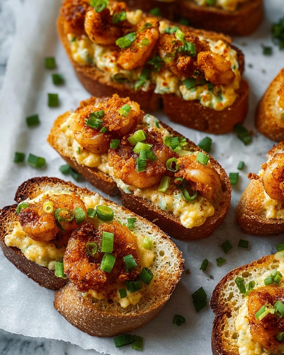 The image shows five pieces of toasted baguette slices arranged on a white marbled surface. Each slice has three layers: the bottom layer is golden-brown toasted bread with a rough texture, the middle layer is a generous amount of creamy, pale yellow cheesy sauce, and the top layer consists of small, crispy, golden-brown fried shrimp pieces. The shrimp are sprinkled with chopped bright green scallions scattered on top and around the bread slices. The dish is presented on parchment paper. photo taken with an iphone --ar 4:5 --v 7
