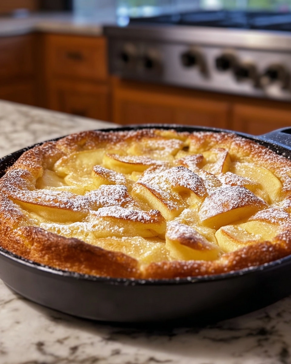 A golden-brown baked apple pancake fills a round black skillet, with visible slices of soft yellow apple embedded evenly throughout the thick batter. The top layer is puffed and slightly crispy with a light dusting of white powdered sugar scattered over the surface. The skillet rests on a white marbled kitchen surface with a blurred background showing a stove and wooden cabinets. The pancake has a warm, inviting texture with a mix of smooth baked batter and tender apple slices photo taken with an iphone --ar 4:5 --v 7
