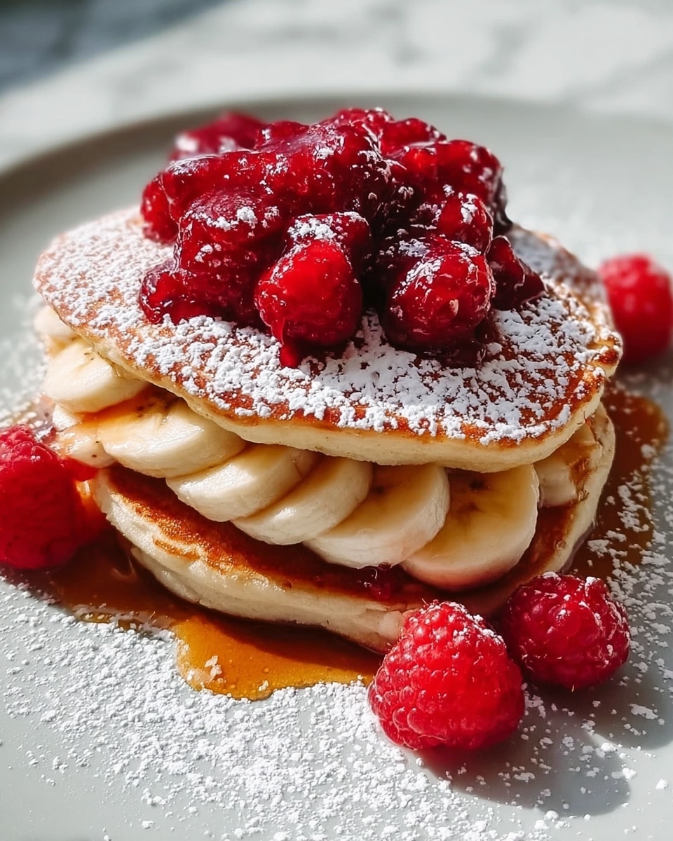 A stack of two golden brown pancakes is placed on a white plate with a white marbled texture underneath. The bottom pancake is topped with a layer of thick banana slices arranged in a circle. Above the banana layer, there is the second pancake covered with a layer of powdered sugar, giving it a soft white dusting. On top, there is a heap of bright red raspberries covered in syrup that glistens under the light. A few extra raspberries and some powdered sugar are scattered around the plate for decoration. photo taken with an iphone --ar 4:5 --v 7