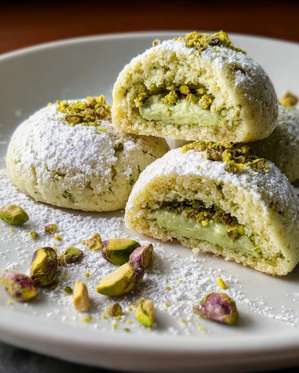 A white plate holds three pale green cookies, two whole and one cut in half showing two layers: a soft crumbly outer cookie with a light green texture and a smooth, creamy green pistachio filling inside, topped with small chopped pistachio pieces. The cookies are dusted thickly with white powdered sugar, which also lightly spreads on the white marbled surface beneath, along with scattered whole and chopped pistachios adding texture and color contrast. The soft lighting highlights the delicate crumb and creamy filling details, making the cookies look fresh and inviting. photo taken with an iphone --ar 4:5 --v 7
