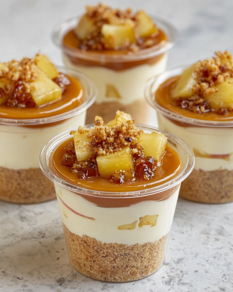 The dessert is served in clear plastic cups showing four distinct layers: the bottom layer is a crumbly light brown crust, above it is a thick, creamy white filling with small chunks of light yellow fruit mixed in, followed by a smooth, glossy caramel layer that covers the cream, and finally topped with small, shiny golden yellow apple pieces and some sticky, darker brown bits resembling caramelized nuts or sugar bits. The cups are placed on a white marbled surface. photo taken with an iphone --ar 4:5 --v 7