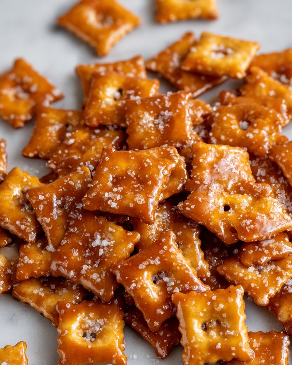 A pile of square-shaped snack crackers is shown on a white marbled surface. Each cracker is covered in a thick, shiny caramel coating that gives them a rich amber color with a sticky texture. The crackers have small holes in the center and scalloped edges, while large flakes of sea salt are sprinkled unevenly over the caramel, adding white contrast and texture. The light reflects softly off the caramel, highlighting its glossy finish and the rough salt crystals scattered across the snacks. photo taken with an iphone --ar 4:5 --v 7