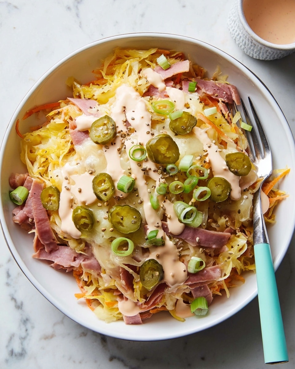 In a white bowl, there is a layered dish starting with a base of light yellow shredded cabbage mixed with small pieces of orange carrot, topped with pink sliced ham strips. On top of the ham is a layer of melted, creamy white cheese with a smooth texture. There are thin light green slices of scallion scattered all over and small green pickle slices adding a contrast in color. The dish is finished with a drizzle of pale pink creamy sauce and some brown cumin seeds sprinkled on top. A silver fork with a light teal handle rests on the side of the bowl. The bowl sits on a white marbled surface. photo taken with an iphone --ar 4:5 --v 7