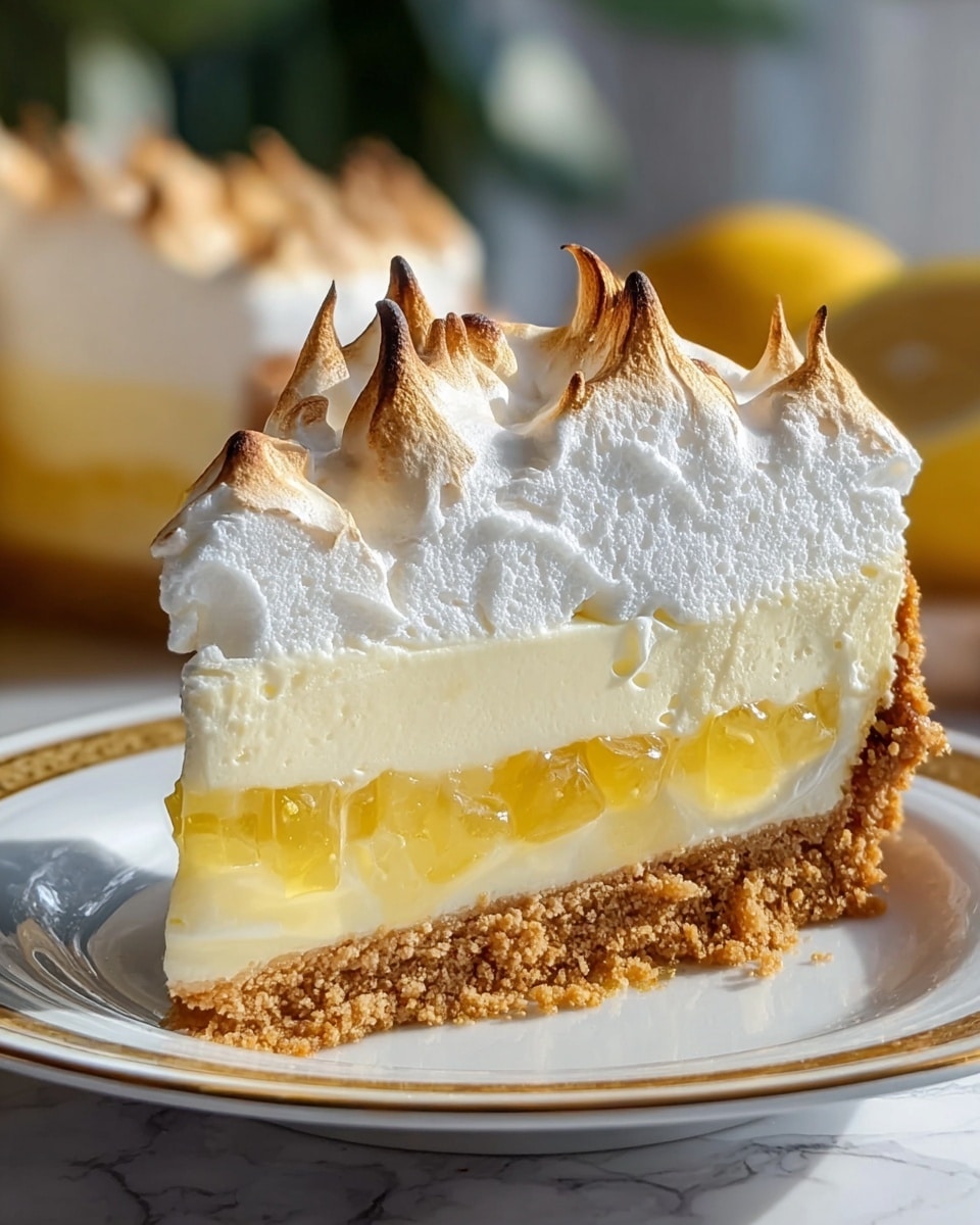 A round lemon meringue cheesecake with three clear layers, sitting on a white marbled surface. The bottom layer is a crumbly brown crust made of crushed cookies, the middle layer is thick and creamy off-white cheesecake, and the top layer is a shiny, smooth lemon glaze with a pale yellow color. On top of the lemon glaze, there are large dollops of toasted meringue, white with golden brown edges, arranged evenly around the cake's edge, with a cut piece showing the soft inside layers. The cake is on a silver cake board. Photo taken with an iphone --ar 4:5 --v 7