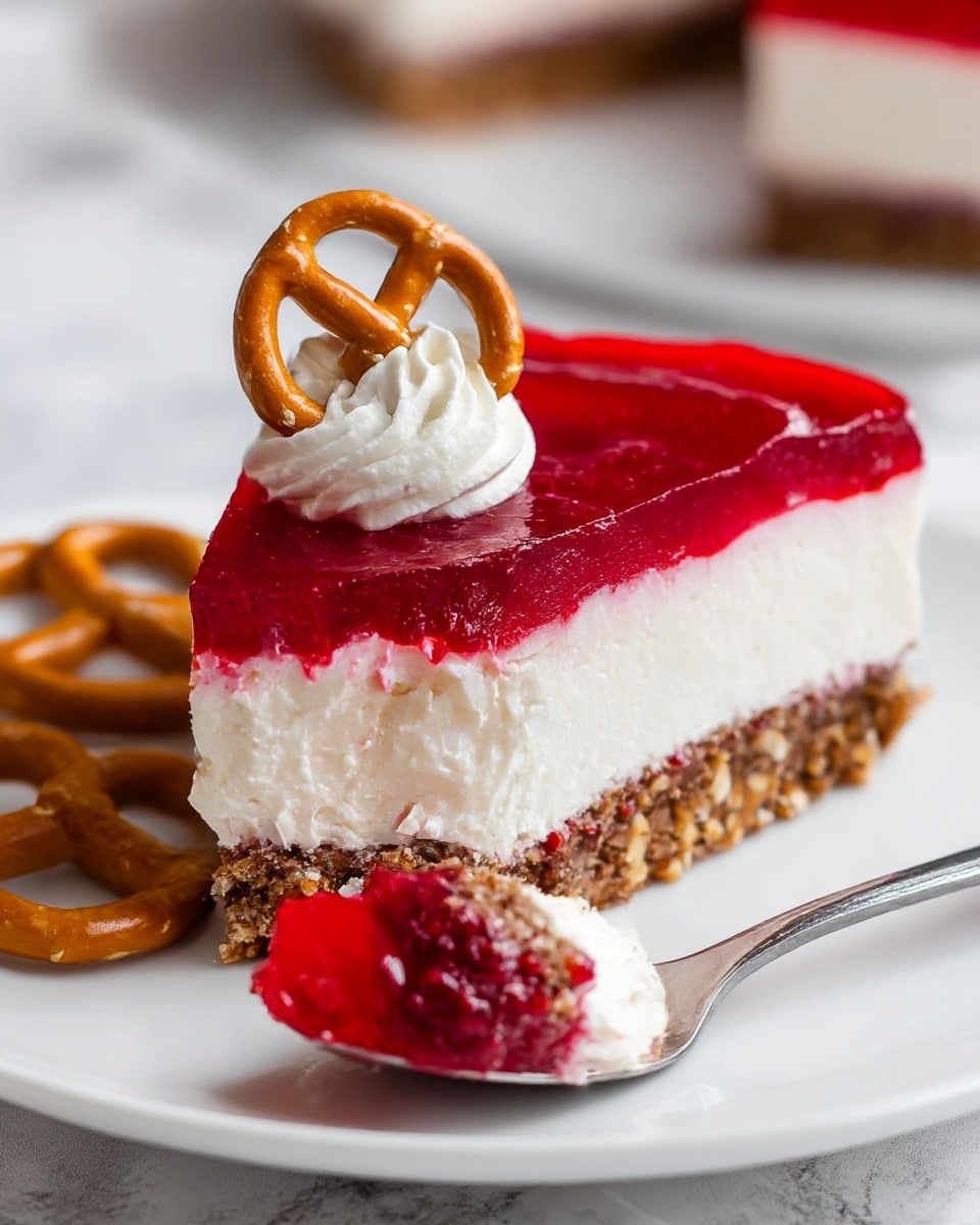 A slice of dessert with three clear layers is shown on a white plate over a white marbled texture. The bottom layer is crumbly and brown, looking like a nutty or cookie base. The middle layer is thick, creamy, and white, with a smooth texture. The top layer is bright red and jelly-like with a shiny surface. On top of the red layer, there is a dollop of white cream decorated with a pretzel. Another pretzel rests beside the dessert slice. A spoon holding a bite of the three layers sits on the plate in front of the slice. photo taken with an iphone --ar 4:5 --v 7