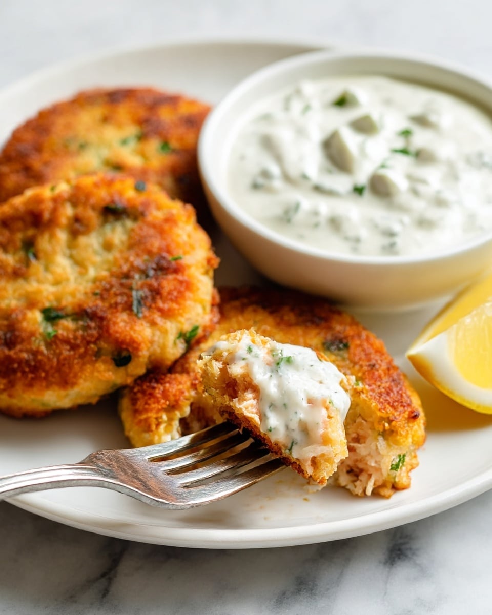 A close-up of a white plate with three golden-brown fish cakes that have a crispy texture and visible green herbs mixed in, placed on a white marbled surface. One fish cake is broken apart with soft, pink flaky fish inside, topped with a creamy white sauce with small green herb pieces, held by a silver fork. Behind the fish cakes is a small white bowl filled with more of the creamy herb sauce, and a wedge of lemon rests next to the bowl, adding a bright yellow color. The overall setting highlights the contrast between the crispy fish cakes and the smooth sauce. photo taken with an iphone --ar 4:5 --v 7