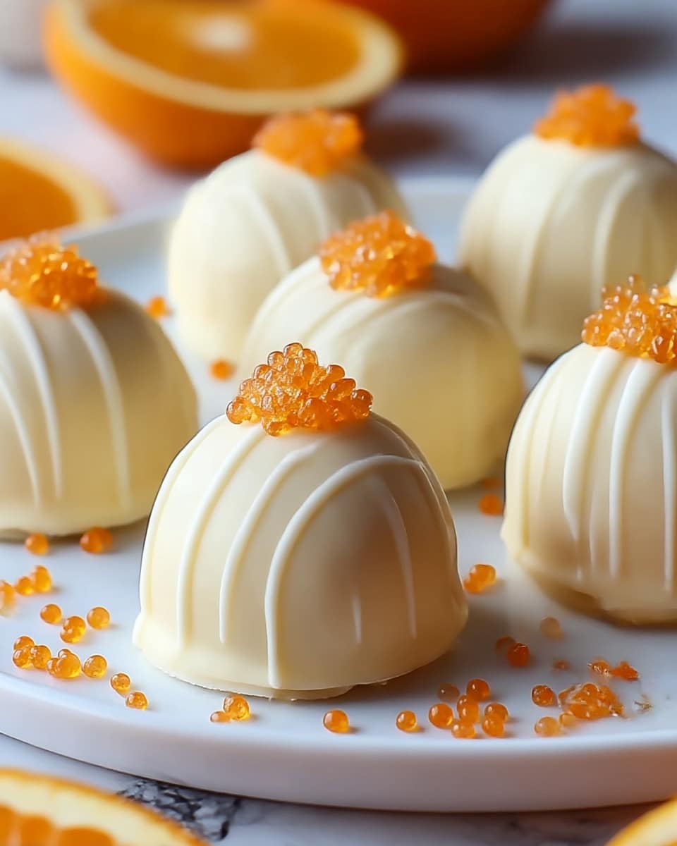 The image shows a white plate with eight dome-shaped white chocolate truffles arranged closely together. Each truffle has a smooth, creamy white exterior with thin white chocolate drizzle running vertically down the sides. On the top of each truffle, there is a small mound of glistening orange-orange-colored sugar crystals or beads, adding a bright pop of color. Scattered around the plate are more of these small orange beads, giving a decorative touch. The background features a white marbled texture, and in the foreground, there are blurred slices of orange adding warmth to the scene. photo taken with an iphone --ar 4:5 --v 7