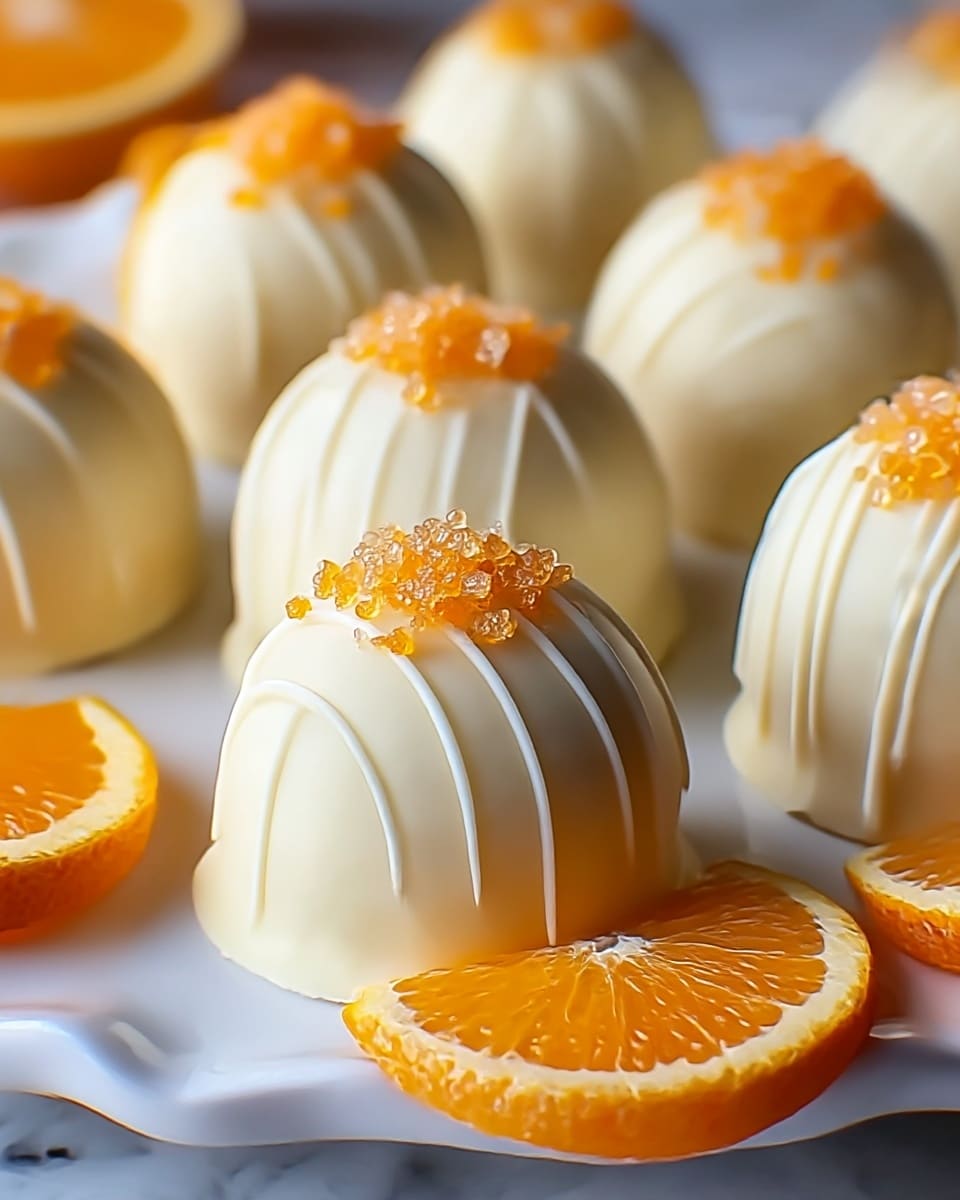 The image shows several round, dome-shaped white chocolate truffles arranged on a white plate with a scalloped edge, sitting on a white marbled surface. Each truffle has smooth white chocolate coating with thin, vertical white chocolate drizzle lines decorating the sides. On top of each truffle, there is a small cluster of orange-colored sugar crystals, adding a sparkly texture. In the foreground, there are a few fresh orange slices placed in front of the truffles, adding a bright, juicy orange layer that contrasts with the creamy white chocolate. The whole scene is softly lit, giving a fresh and inviting look. photo taken with an iphone --ar 4:5 --v 7