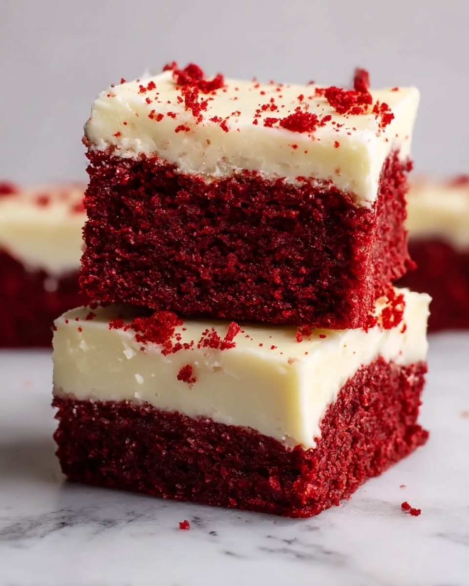 Two pieces of red velvet cake are stacked on top of each other on a white marbled surface. Each piece has two layers: a thick, moist deep red cake layer at the bottom with a slightly crumbly texture, and a smooth, creamy off-white frosting layer on top. The frosting is thick and evenly spread, with a few red cake crumbs sprinkled across the frosting’s surface. The bottom cake layer looks soft and dense while the frosting offers a soft contrast in color and texture. Photo taken with an iphone --ar 4:5 --v 7